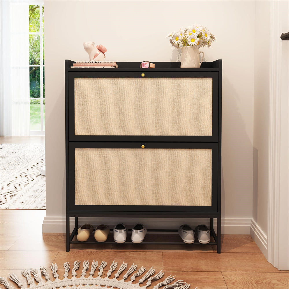 Modern Entryway Wooden Shoe Cabinet Freestanding Tipping Bucket Shoe Rack Black with 2 Flip Drawers
