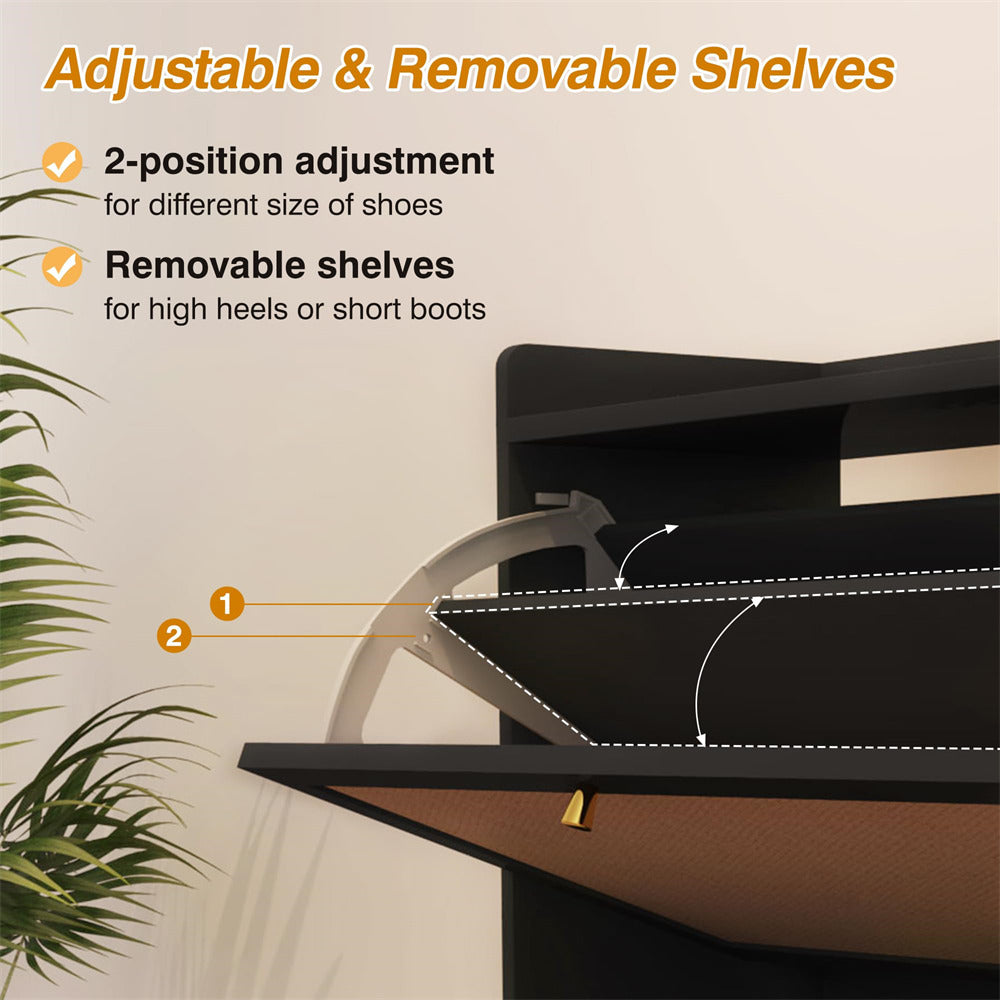 Modern Entryway Wooden Shoe Cabinet Freestanding Tipping Bucket Shoe Rack Black with 2 Flip Drawers
