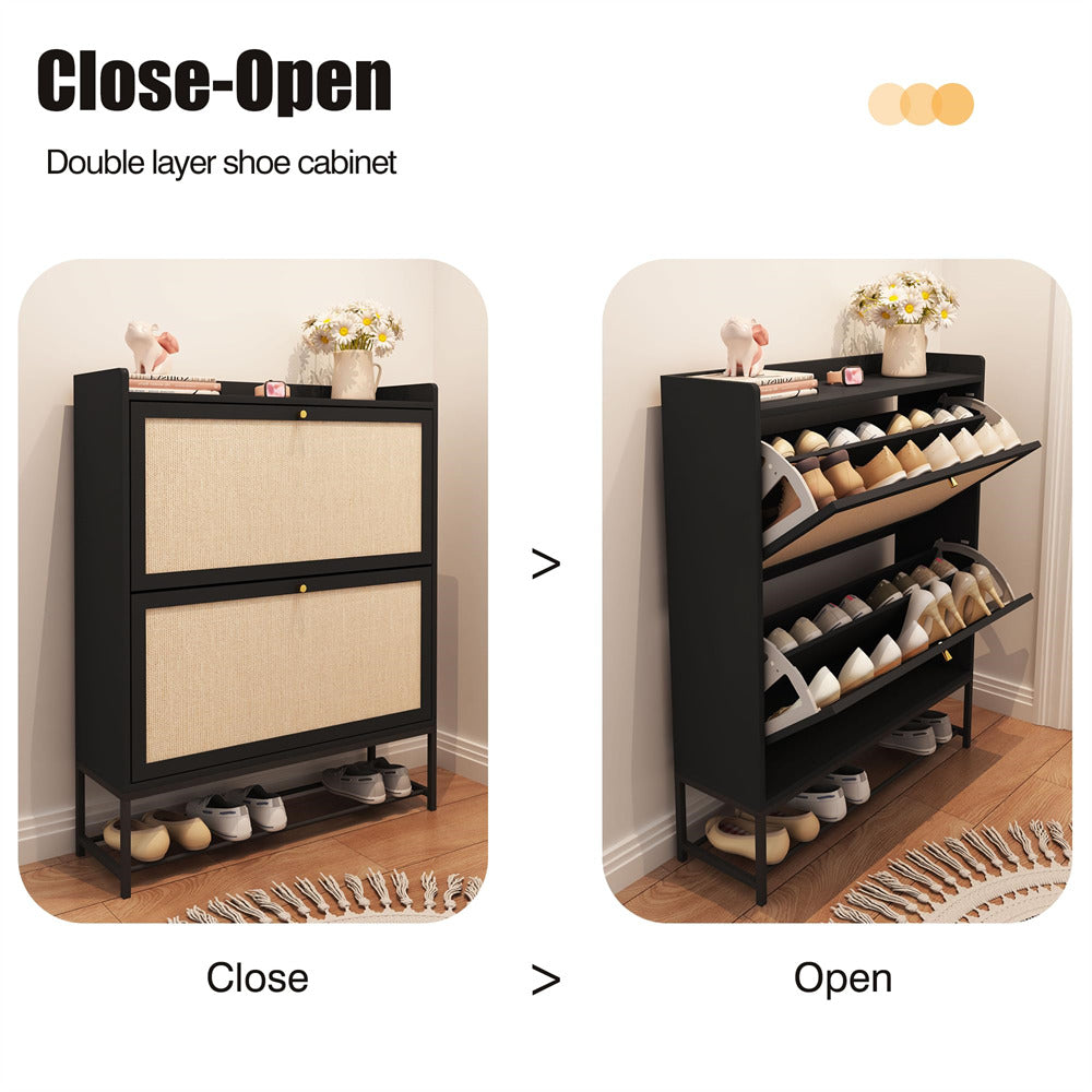 Modern Entryway Wooden Shoe Cabinet Freestanding Tipping Bucket Shoe Rack Black with 2 Flip Drawers