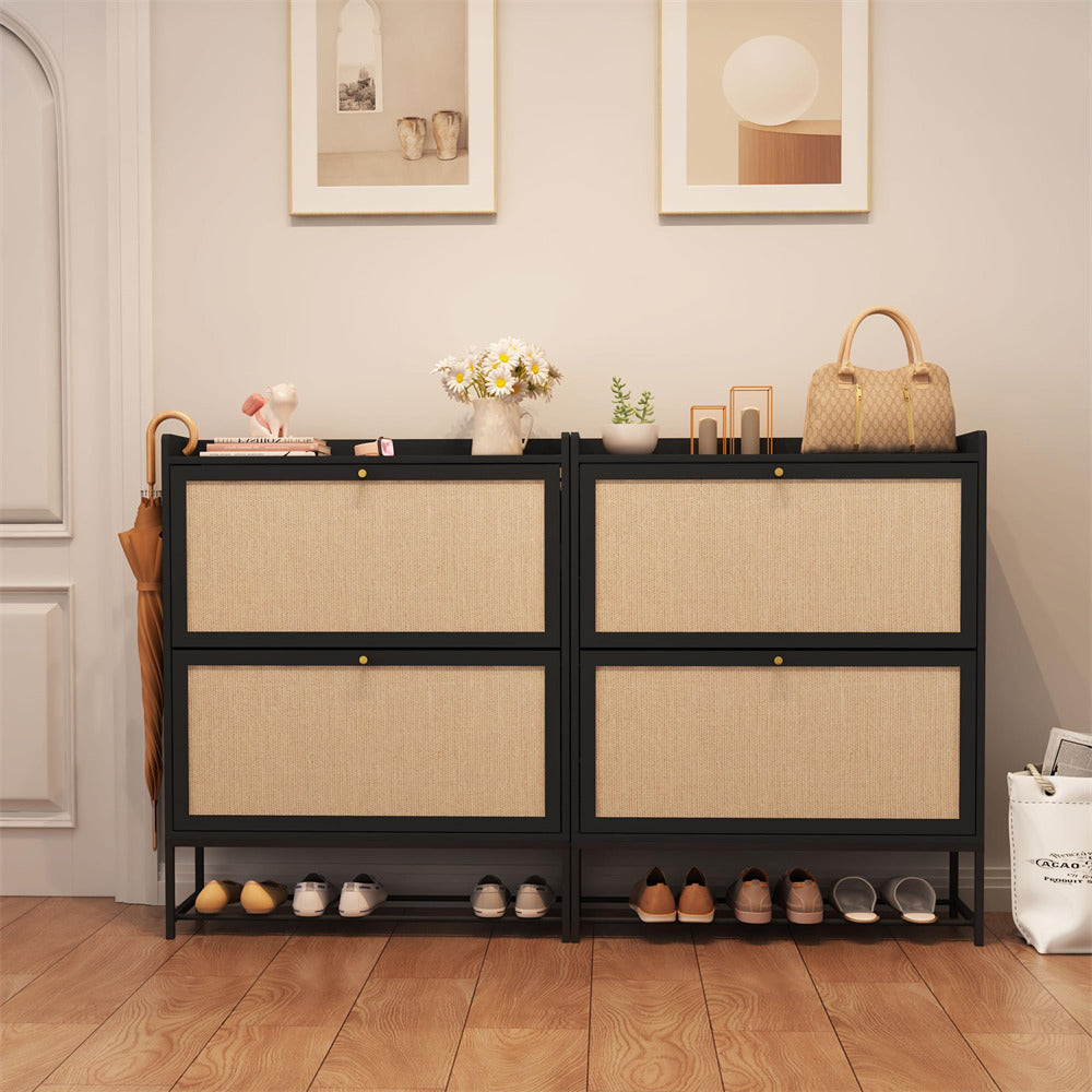 Modern Entryway Wooden Shoe Cabinet Freestanding Tipping Bucket Shoe Rack Black with 2 Flip Drawers