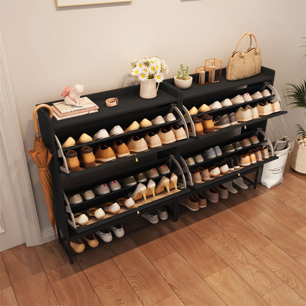 Modern Entryway Wooden Shoe Cabinet Freestanding Tipping Bucket Shoe Rack Black with 2 Flip Drawers