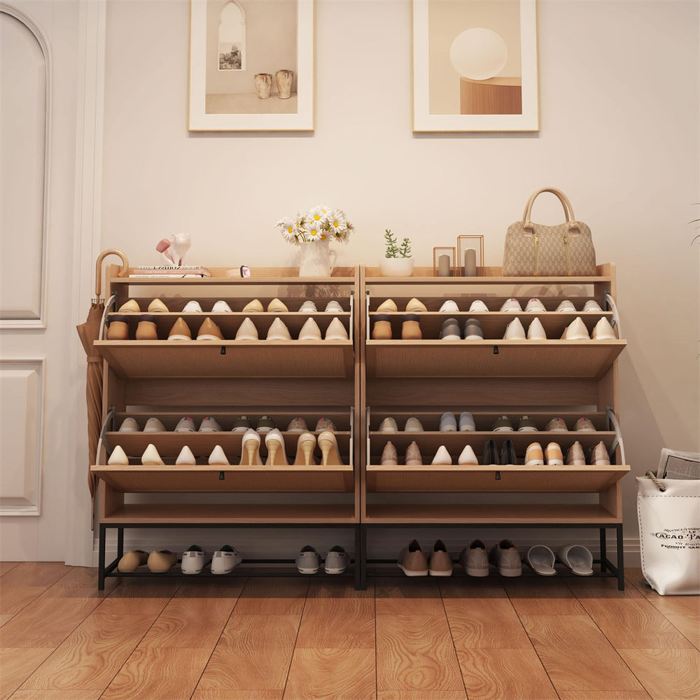 Modern Wooden Entryway Narrow Shoe Cabinet Freestanding Tipping Bucket Shoe Cabinet with 2 Flip Drawers Natural Color