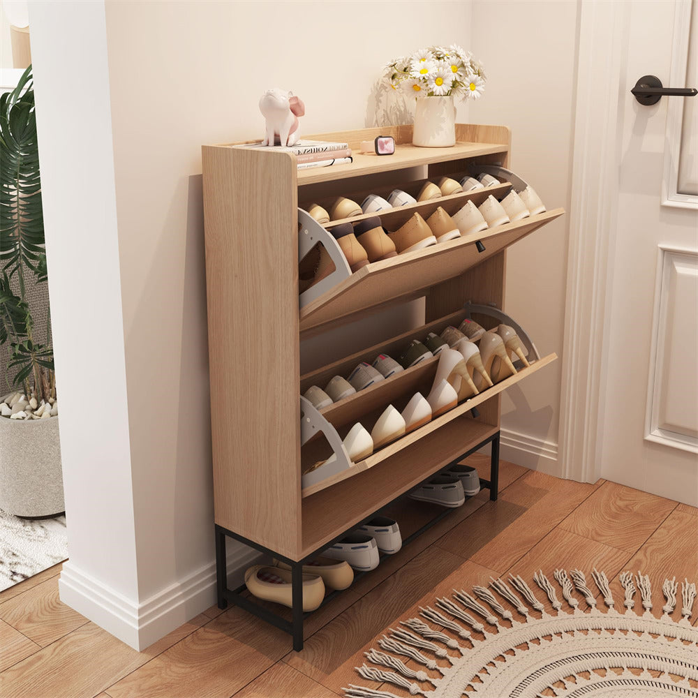 Modern Wooden Entryway Narrow Shoe Cabinet Freestanding Tipping Bucket Shoe Cabinet with 2 Flip Drawers