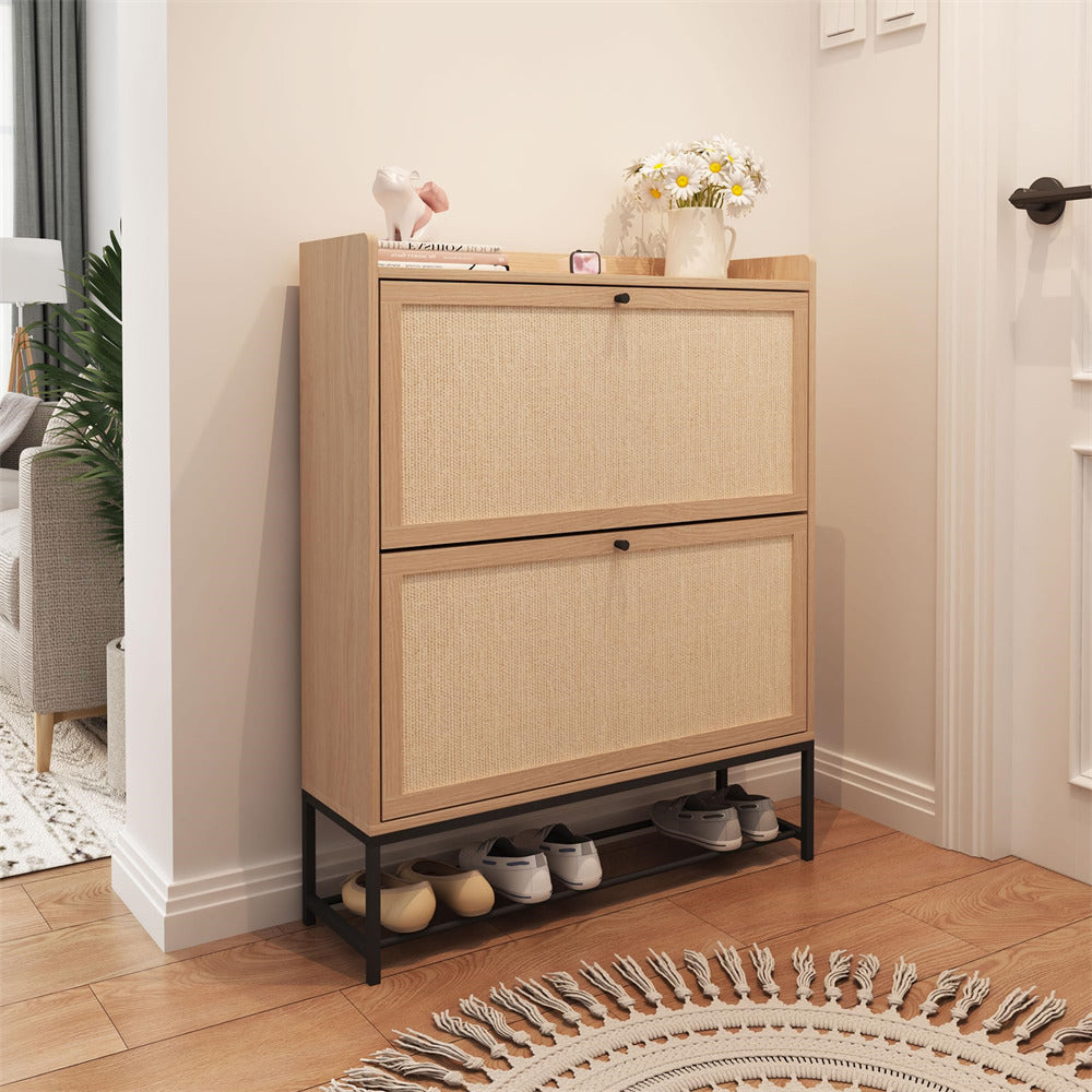 Modern Wooden Entryway Narrow Shoe Cabinet Freestanding Tipping Bucket Shoe Cabinet with 2 Flip Drawers Natural Color