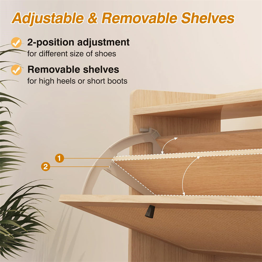 Modern Wooden Entryway Narrow Shoe Cabinet Freestanding Tipping Bucket Shoe Cabinet with 2 Flip Drawers Natural Color
