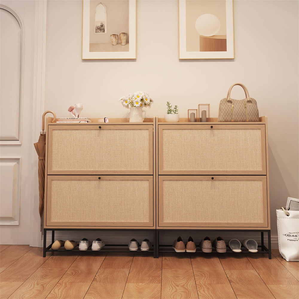 Modern Wooden Entryway Narrow Shoe Cabinet Freestanding Tipping Bucket Shoe Cabinet with 2 Flip Drawers Natural Color