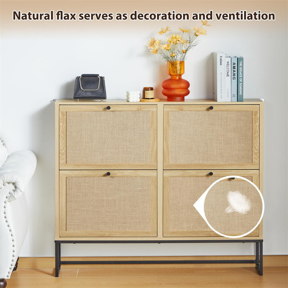 Modern Entryway Wooden Shoe Cabinet Natural Freestanding Tipping Bucket Shoe Rack with 4 Flip Drawers