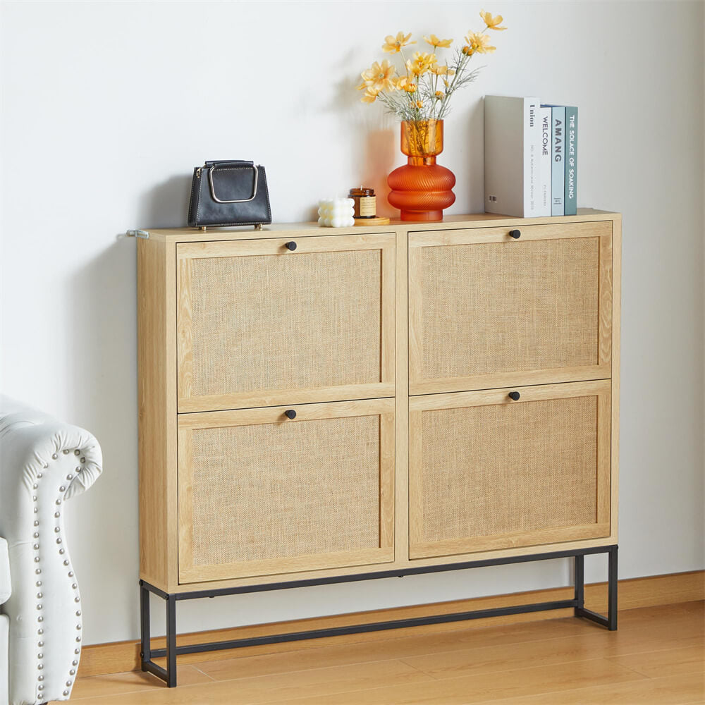 Modern Entryway Wooden Shoe Cabinet Natural Freestanding Tipping Bucket Shoe Rack with 4 Flip Drawers