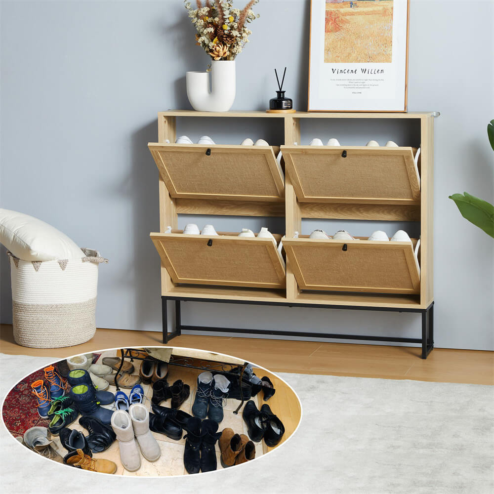 Modern Entryway Wooden Shoe Cabinet Natural Freestanding Tipping Bucket Shoe Rack with 4 Flip Drawers