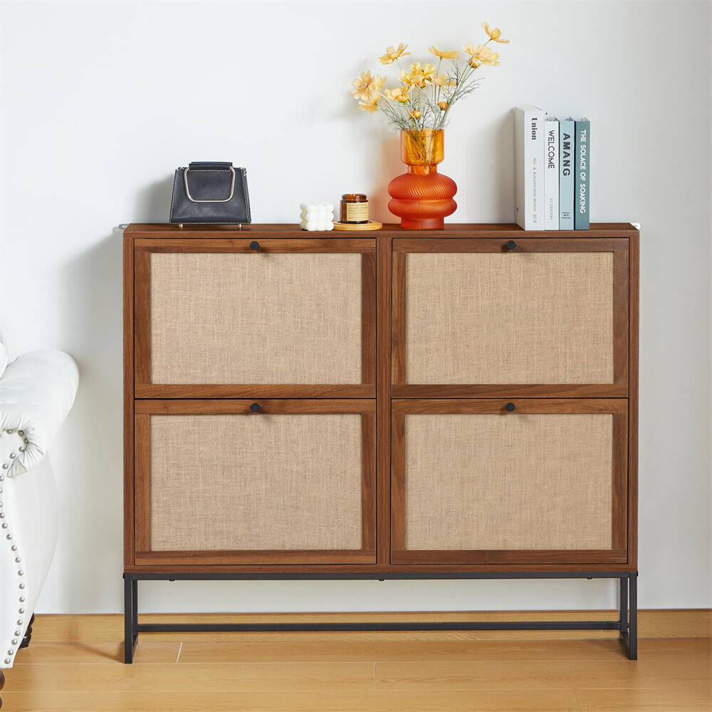 Modern Entryway Wooden Shoe Cabinet Walnut Freestanding Tipping Bucket Shoe Rack with 4 Flip Drawers