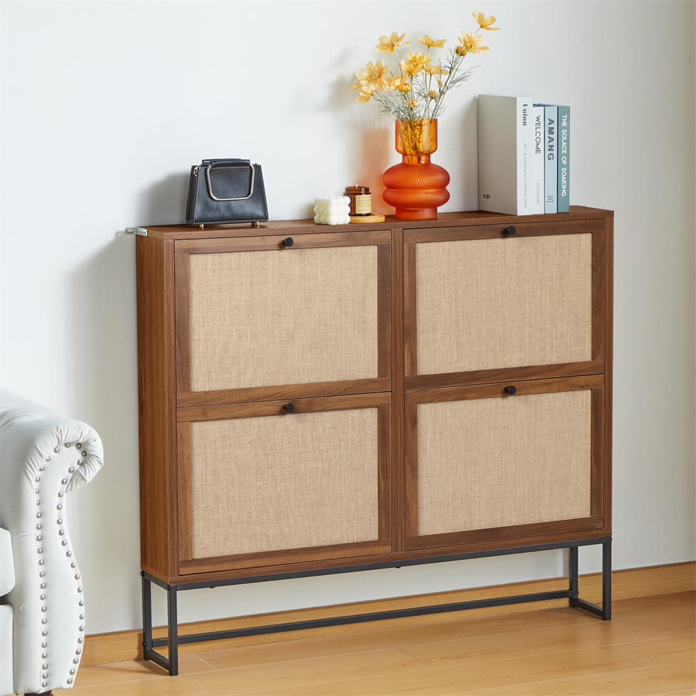 Modern Entryway Wooden Shoe Cabinet Walnut Freestanding Tipping Bucket Shoe Rack with 4 Flip Drawers