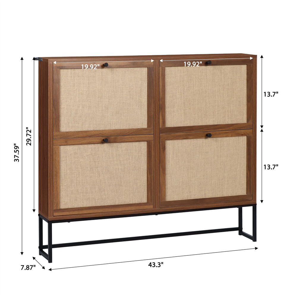 Modern Entryway Wooden Shoe Cabinet Walnut Freestanding Tipping Bucket Shoe Rack with 4 Flip Drawers Size