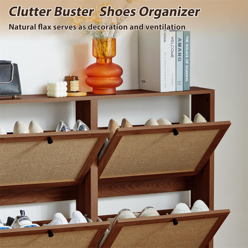 Modern Entryway Wooden Shoe Cabinet Walnut Freestanding Tipping Bucket Shoe Rack with 4 Flip Drawers