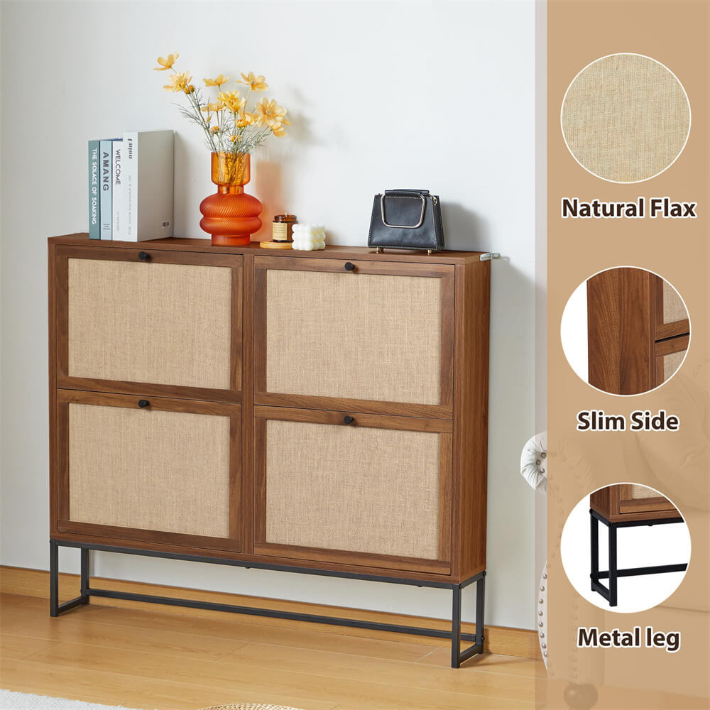 Modern Entryway Wooden Shoe Cabinet Walnut Freestanding Tipping Bucket Shoe Rack with 4 Flip Drawers