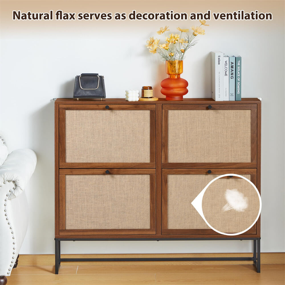 Modern Entryway Wooden Shoe Cabinet Walnut Freestanding Tipping Bucket Shoe Rack with 4 Flip Drawers