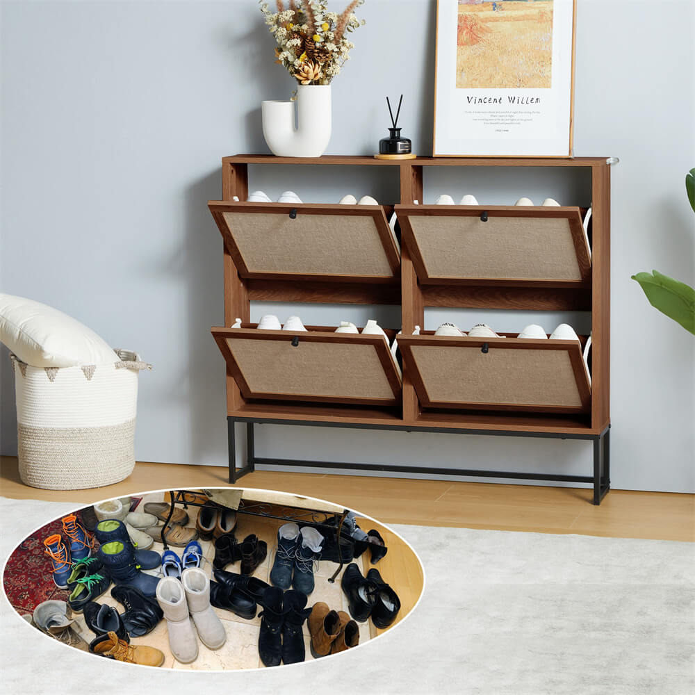 Modern Entryway Wooden Shoe Cabinet Walnut Freestanding Tipping Bucket Shoe Rack with 4 Flip Drawers