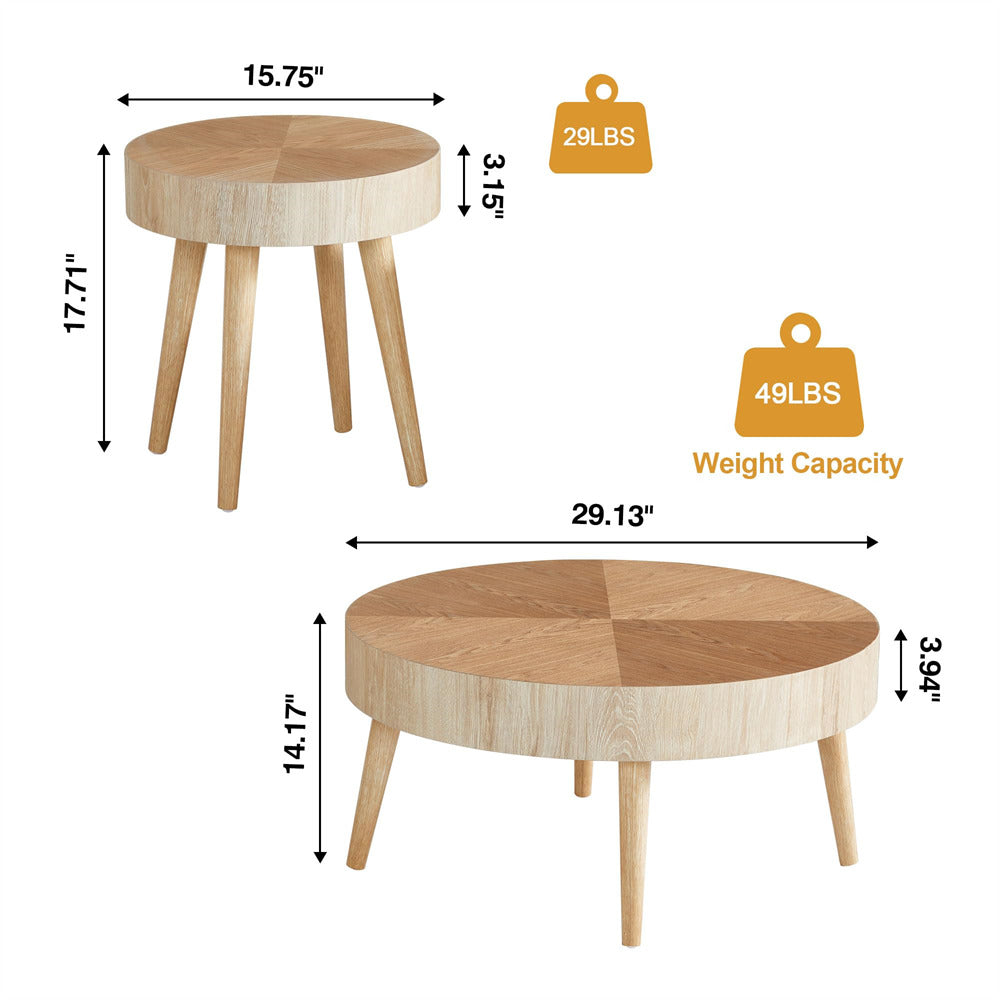 Modern Farmhouse Wooden Round Coffee Table End Table 2-piece Set