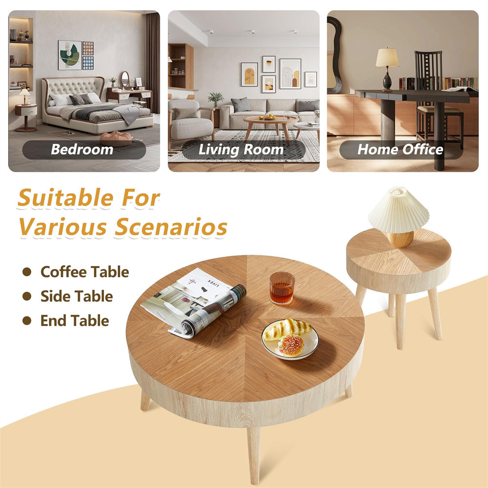 Modern Farmhouse Wooden Round Coffee Table End Table 2-piece Set