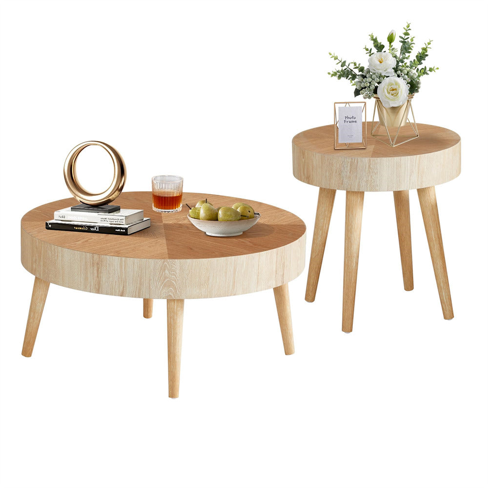 Modern Farmhouse Wooden Round Coffee Table End Table 2-piece Set