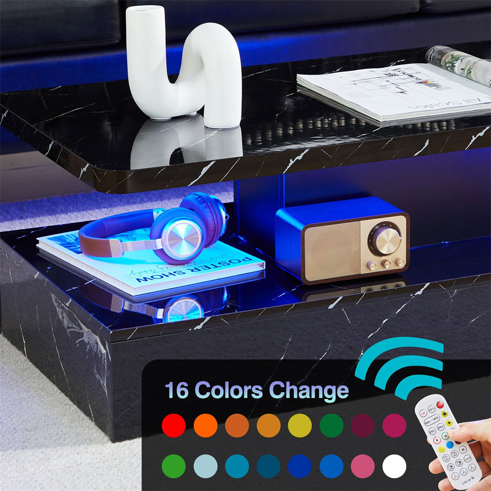 Modern High Gloss Coffee Table Black with Smart 16 Colors LED Lights