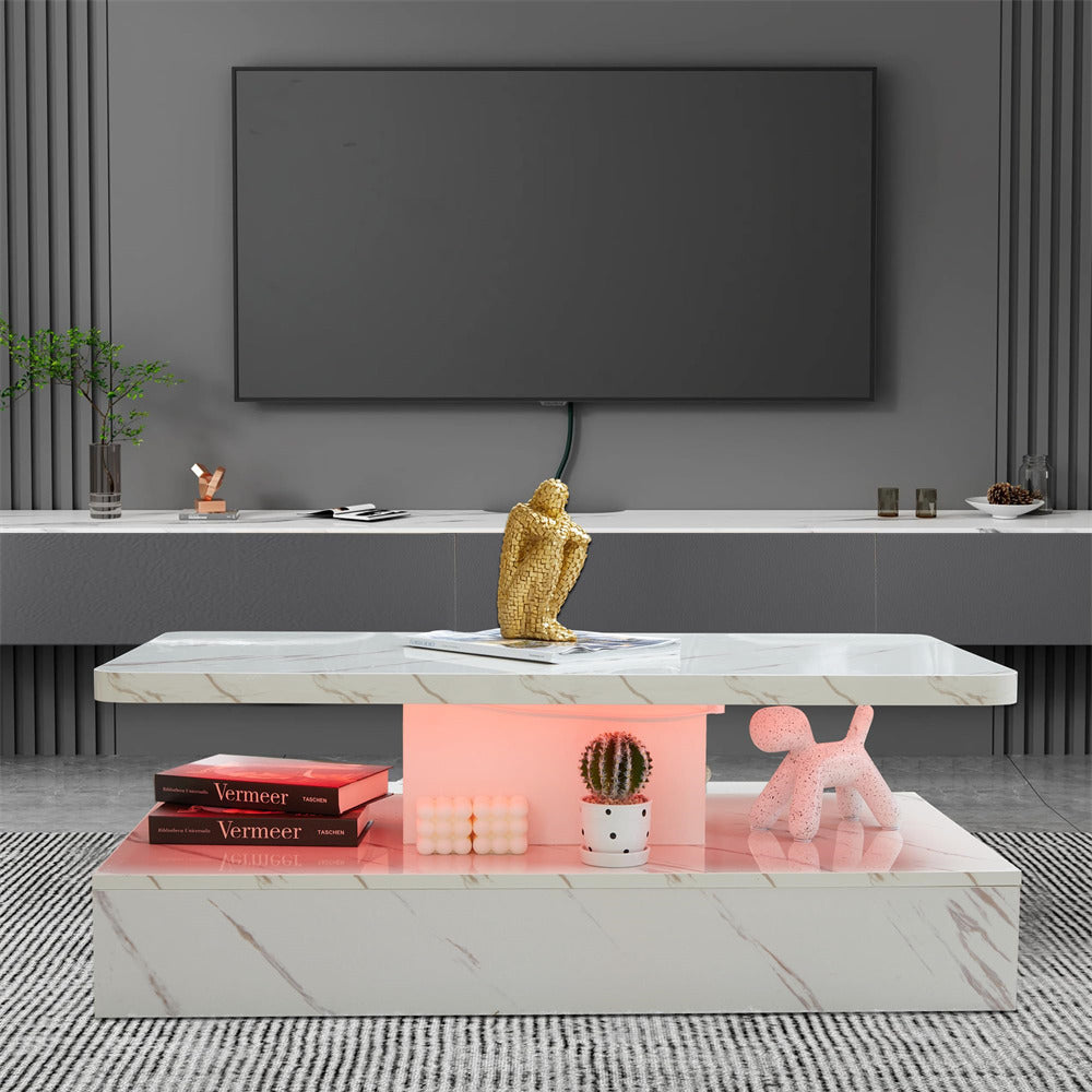 Modern High Gloss Coffee Table White with Smart 16 Colors LED Lights