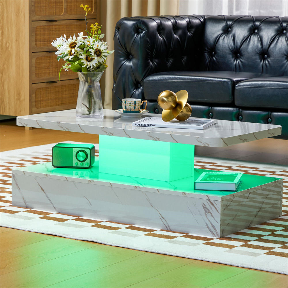 Modern High Gloss Coffee Table White with Smart 16 Colors LED Lights