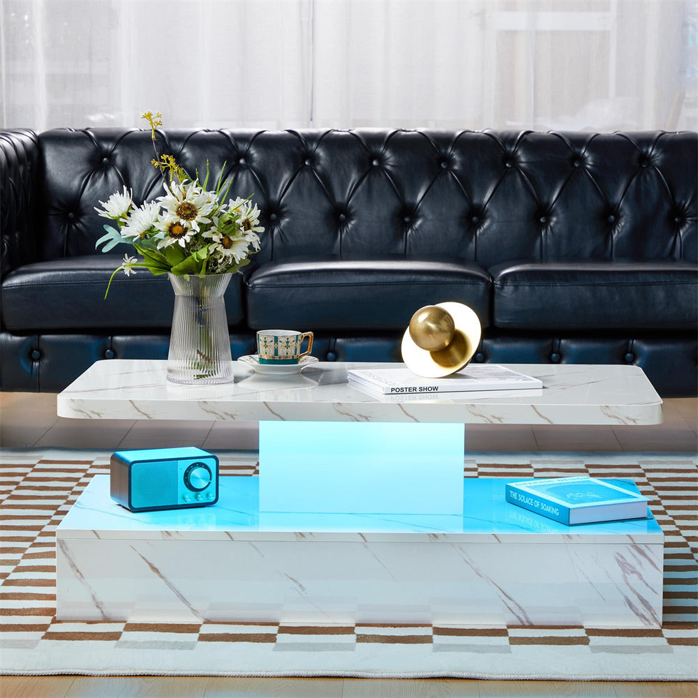 Modern High Gloss Coffee Table White with Smart 16 Colors LED Lights