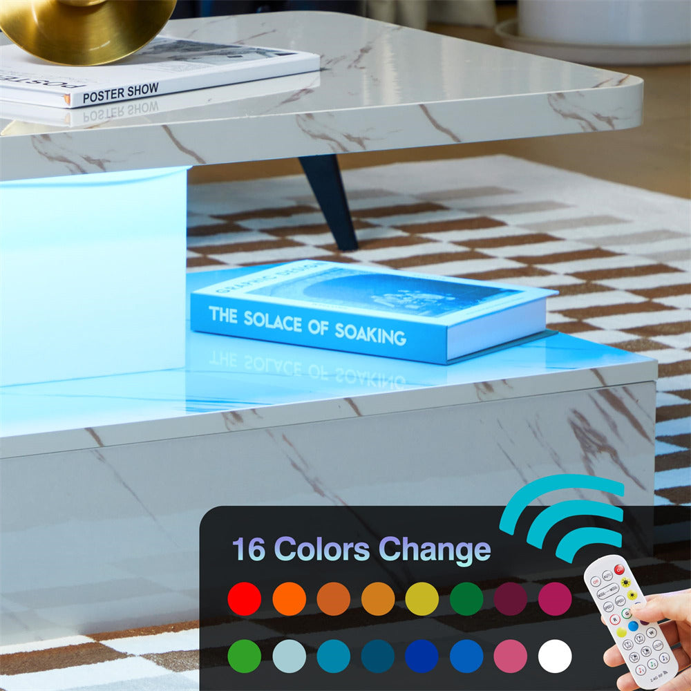 Modern High Gloss Coffee Table White with Smart 16 Colors LED Lights