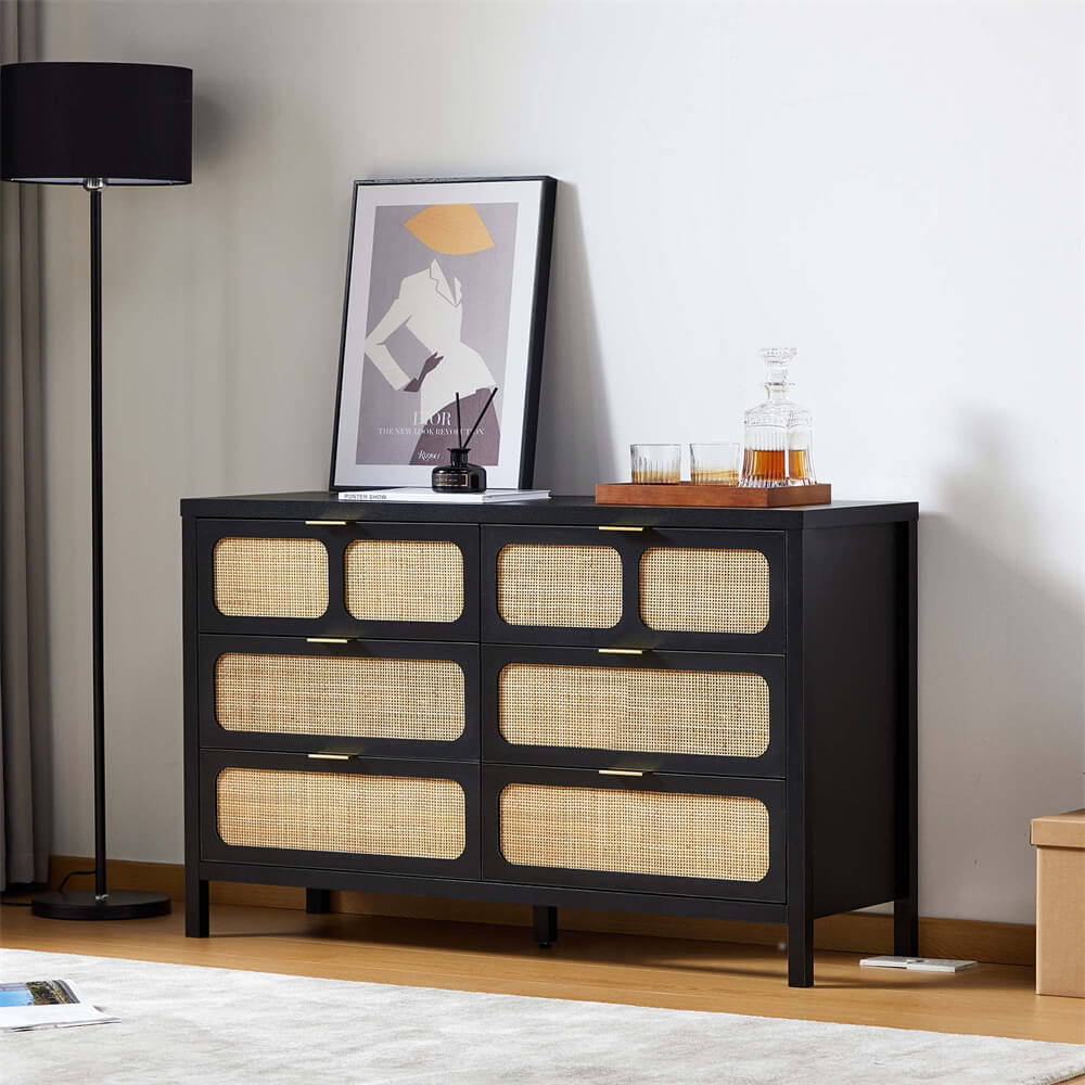 Black Modern Rattan 6 Drawers Dresser