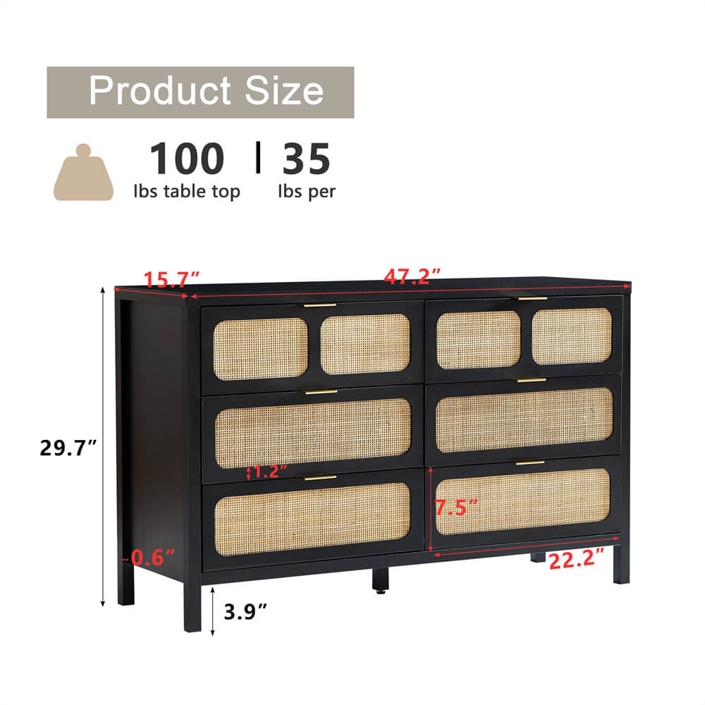 Black Modern Rattan 6 Drawers Dresser