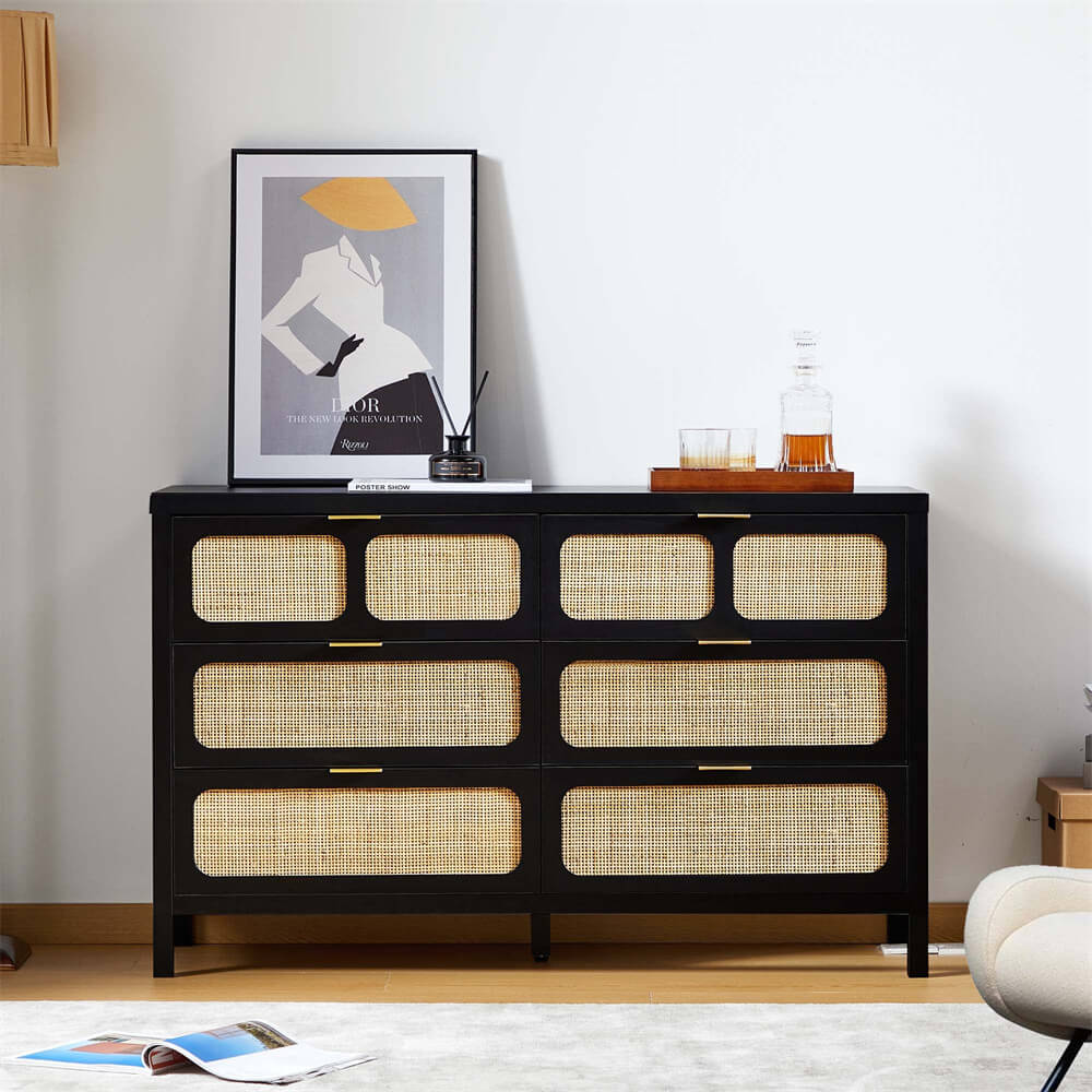 Black Modern Rattan 6 Drawers Dresser