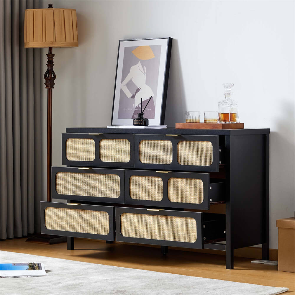 Black Modern Rattan 6 Drawers Dresser