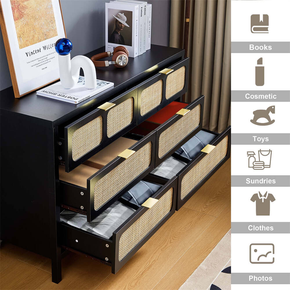 Black Modern Rattan 6 Drawers Dresser