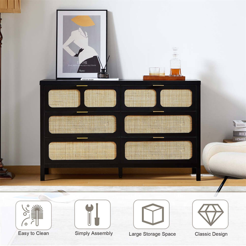 Black Modern Rattan 6 Drawers Dresser
