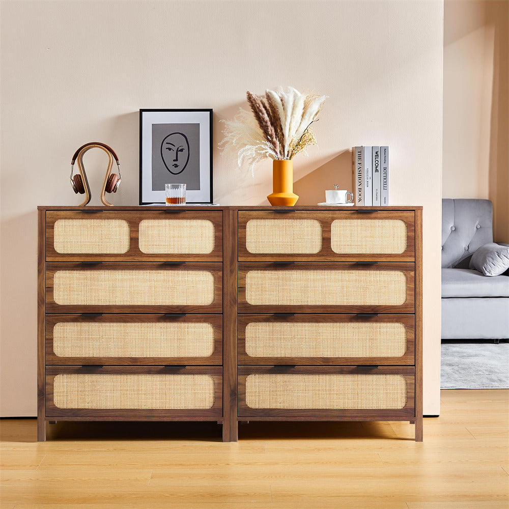Modern Rattan Chest of Drawers Dresser Table with Metal Handles and 4 Drawers walnut color