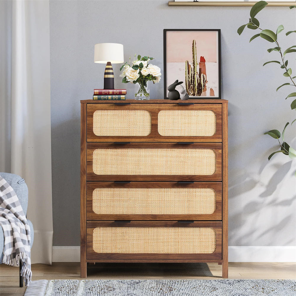 Modern Rattan Chest of Drawers Dresser Table with Metal Handles and 4 Drawers walnut color