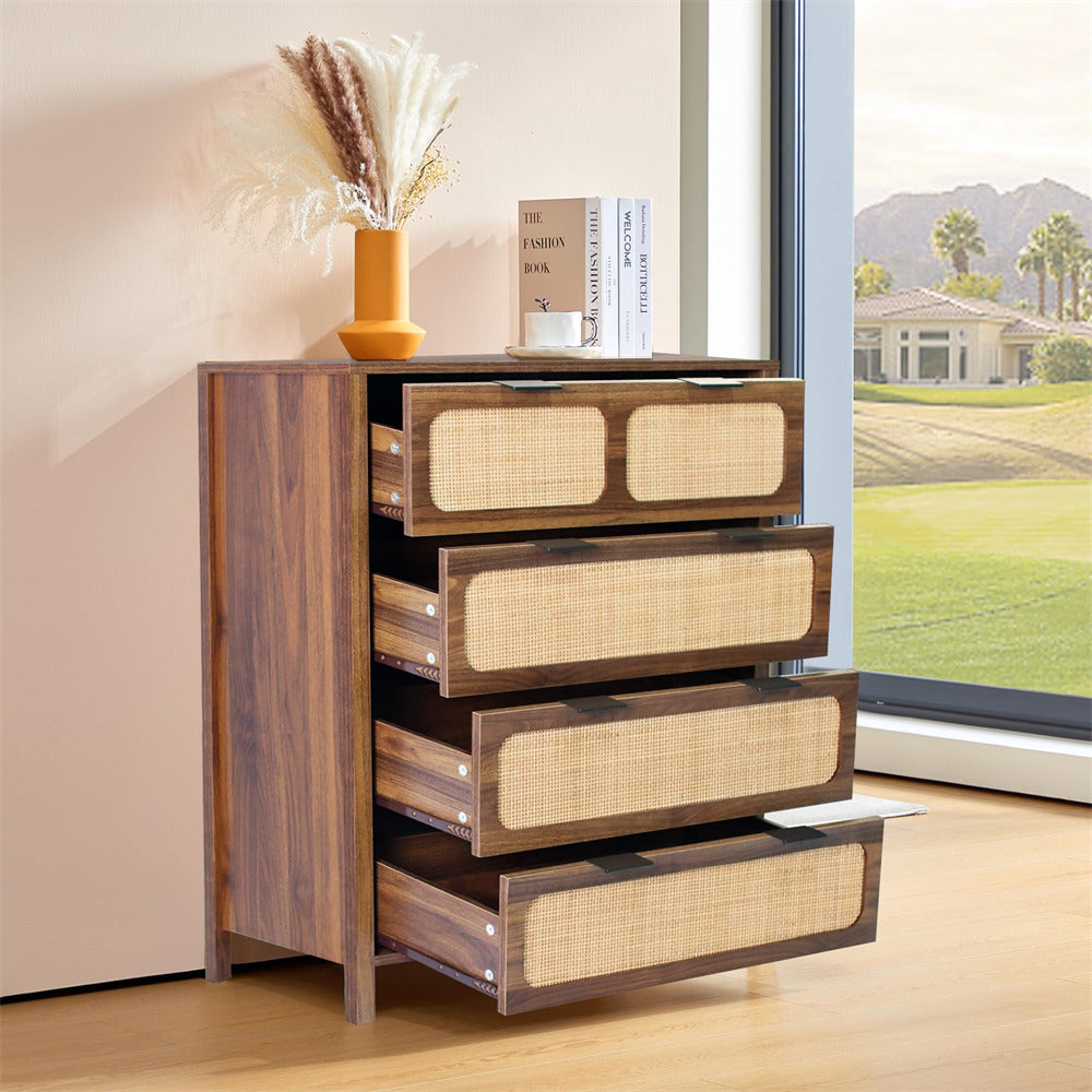 Modern Rattan Chest of Drawers Dresser Table with Metal Handles and 4 Drawers walnut color