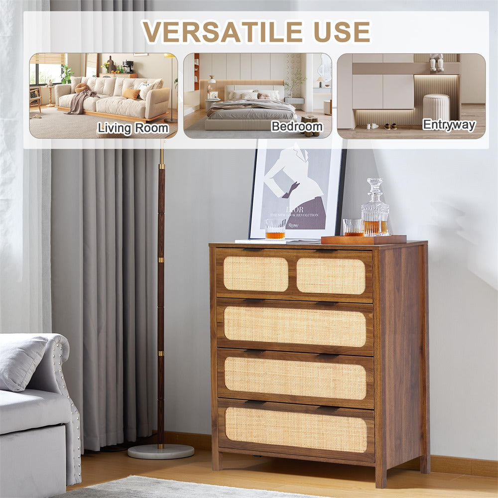 Modern Rattan Chest of Drawers Dresser Table with Metal Handles and 4 Drawers walnut color