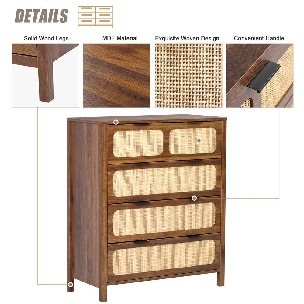 Modern Rattan Chest of Drawers Dresser Table with Metal Handles and 4 Drawers walnut color