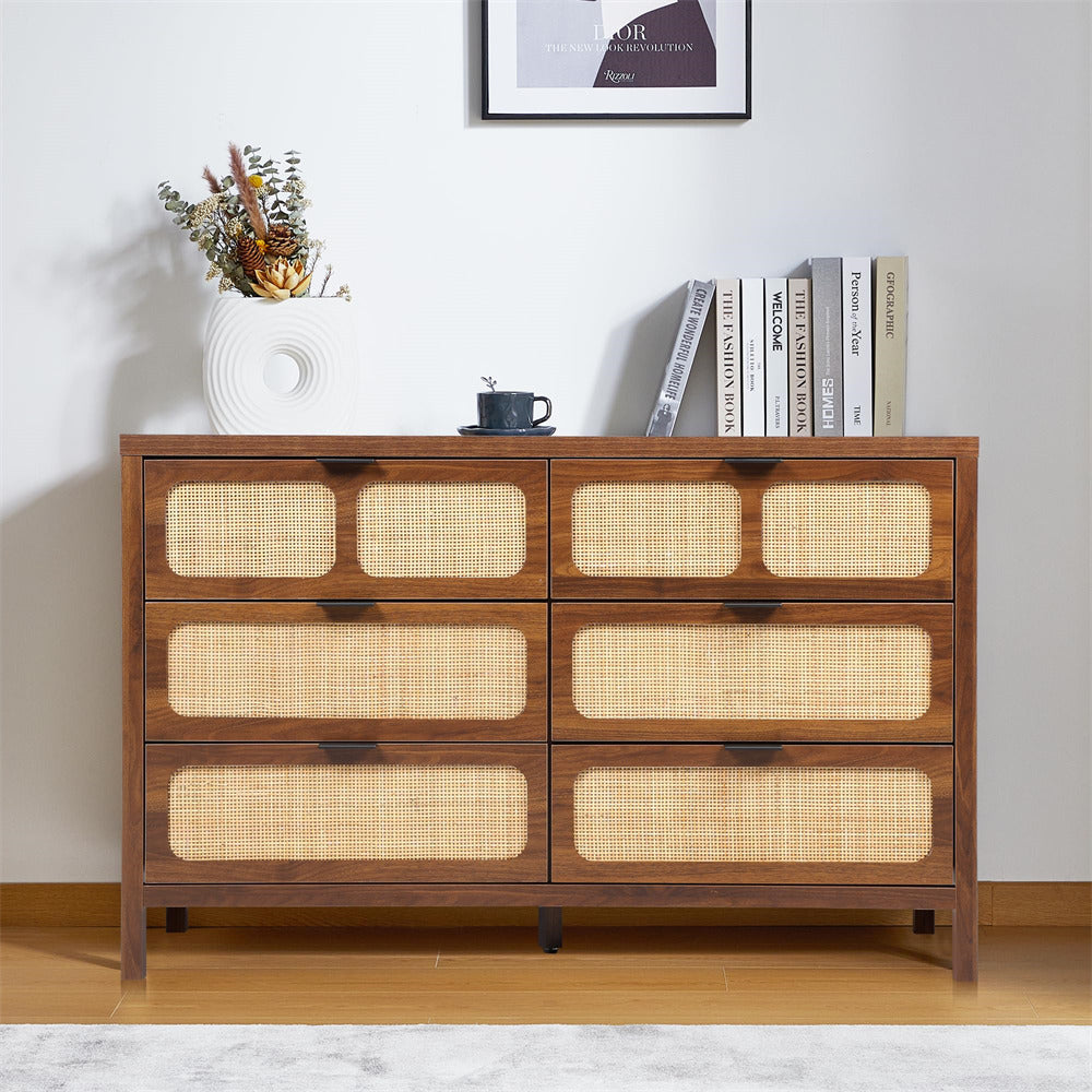 Modern Rattan Dresser Table Walnut with Metal Handles and 6 Drawers