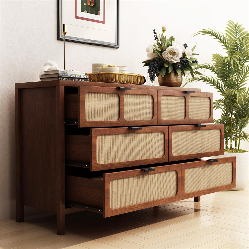 Modern Rattan Dresser Table Walnut with Metal Handles and 6 Drawers