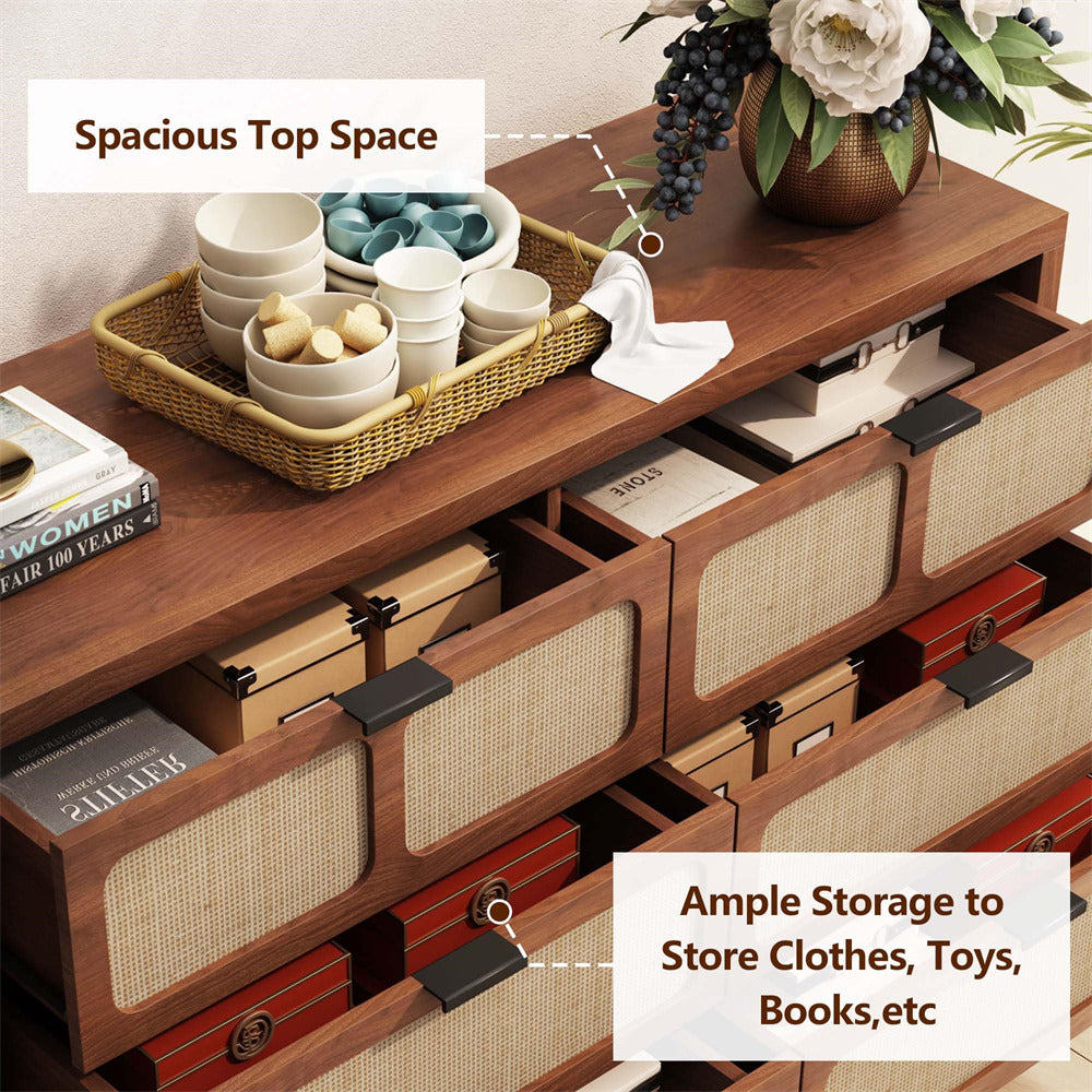 Modern Rattan Dresser Table Walnut with Metal Handles and 6 Drawers