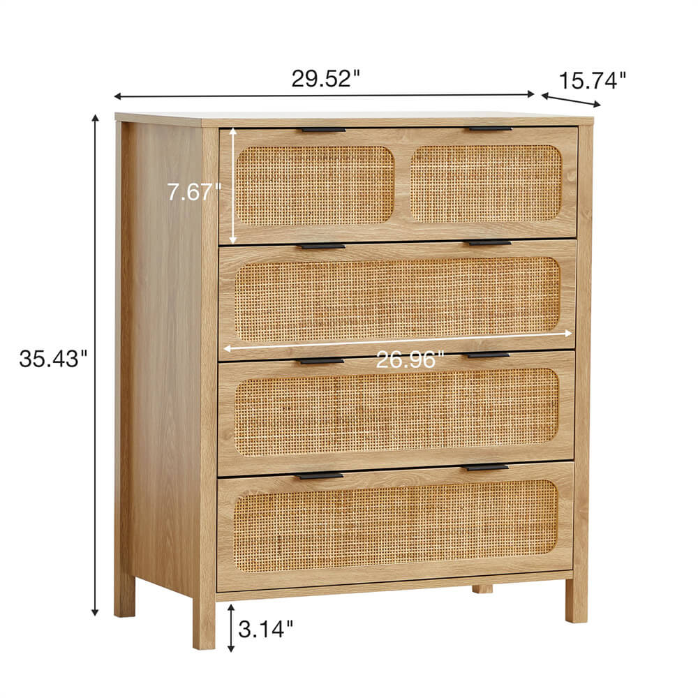 Modern Rattan Dresser Table with Metal Handles and 4 Drawers