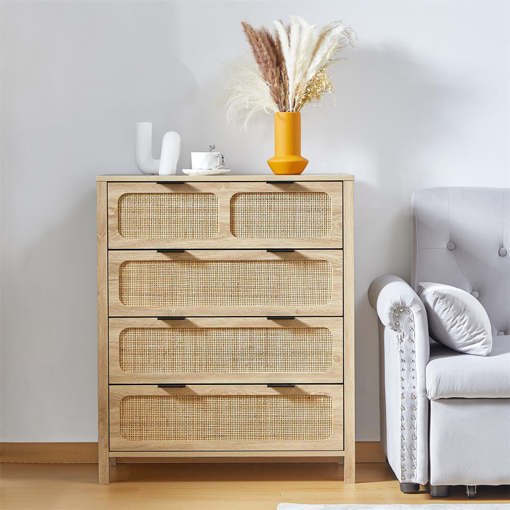 Modern Rattan Dresser Table with Metal Handles and 4 Drawers