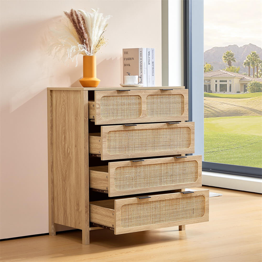 Modern Rattan Dresser Table with Metal Handles and 4 Drawers