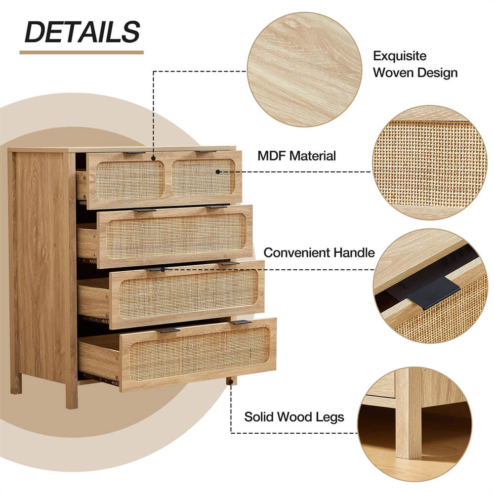 Modern Rattan Dresser Table with Metal Handles and 4 Drawers
