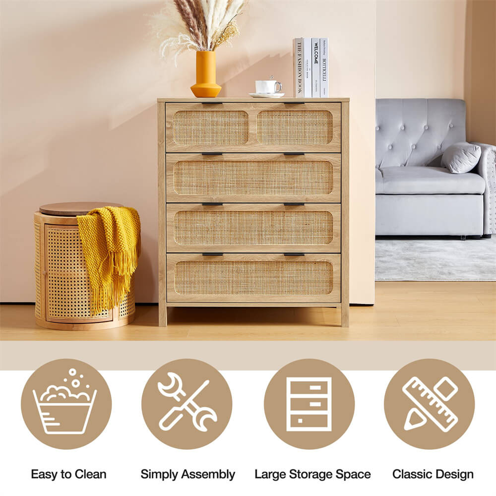 Modern Rattan Dresser Table with Metal Handles and 4 Drawers