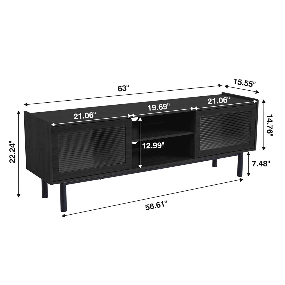 Modern TV Stand Console Table Black with Glass Sliding Door and Adjustable Shelves