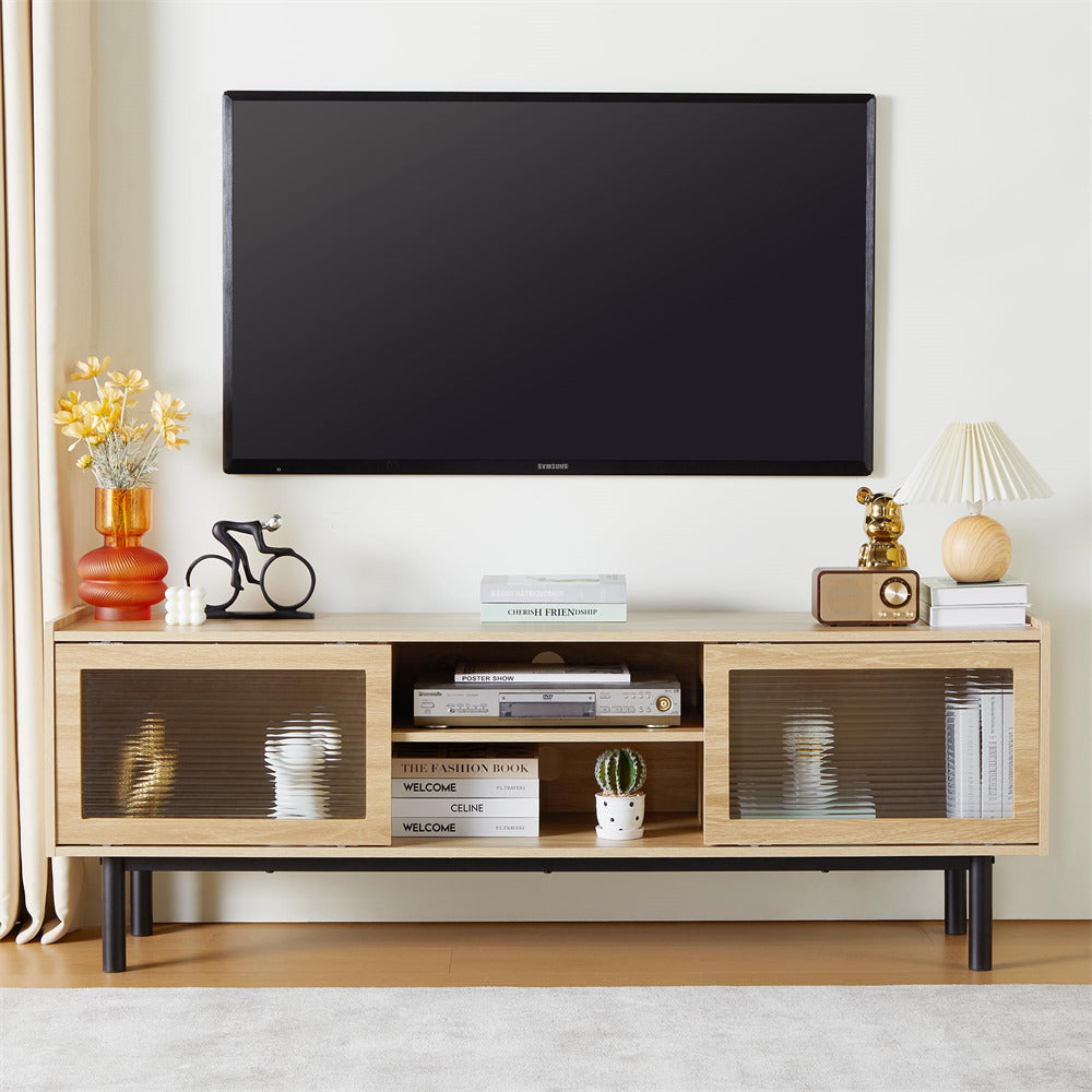 Modern TV Stand Console Table Natural with Glass Sliding Door and Adjustable Shelves