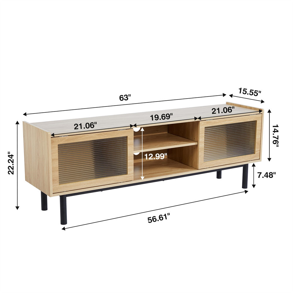 Modern TV Stand Console Table Natural with Glass Sliding Door and Adjustable Shelves